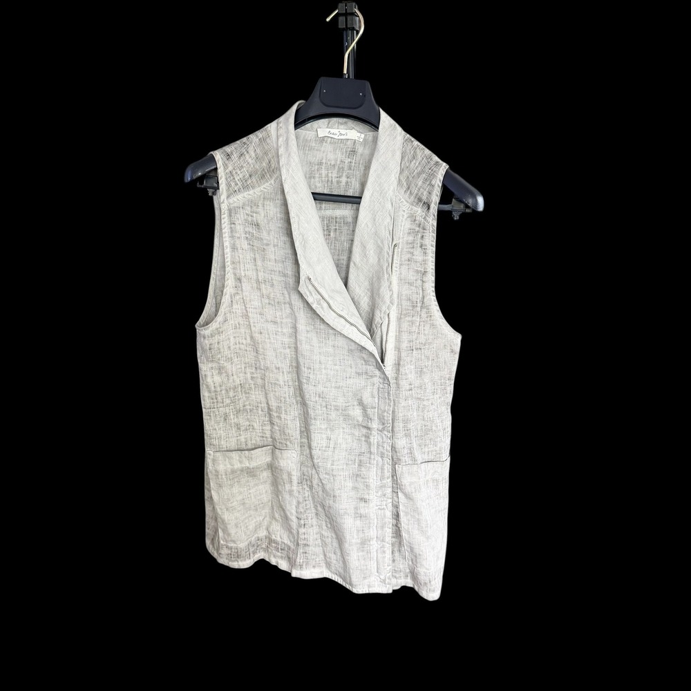 Beau Jours Gray Linen Asymmetrical Zip‎ Vest Sleeveless Jacket Womens Small USA